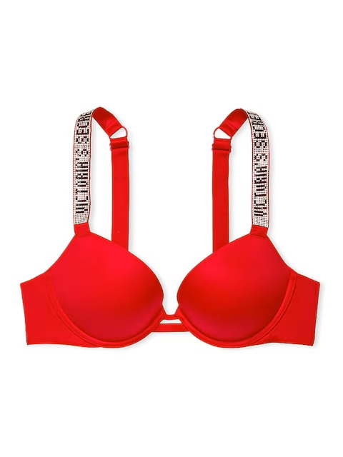 Lipstick Red Shine Strap Plunge Push Up Bra