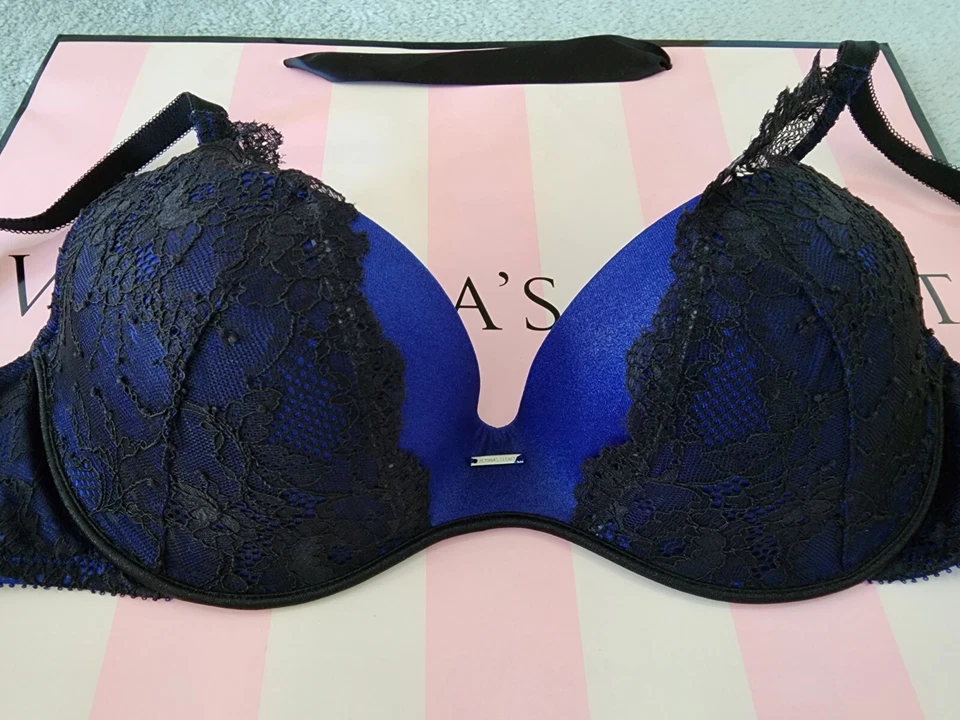 NWT- Victoria Secret Pushup Demi Bra- Black lace over Purple - 34C front